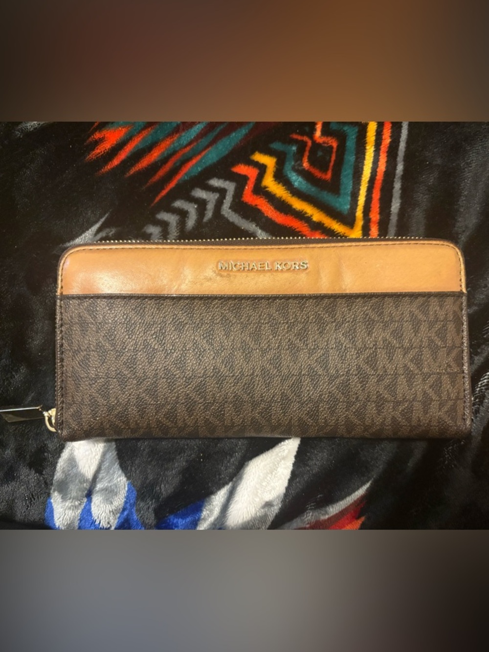Michael Kors Brown and Tan Logo Zip-Top Wallet